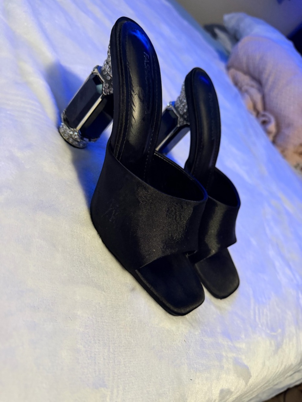 Fashion Nova Black Satin Slide Sandals with Jeweled Block Heel